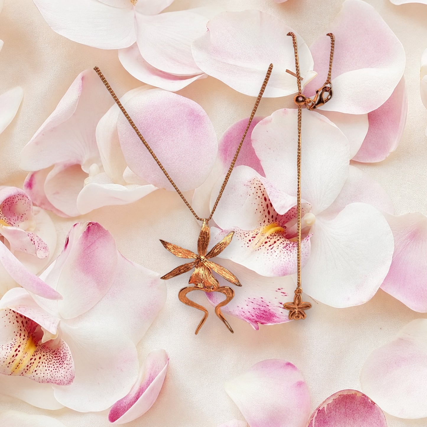 Ghost Orchid Rose Gold Pendant Necklace On Model Close-Up - Orchidique
