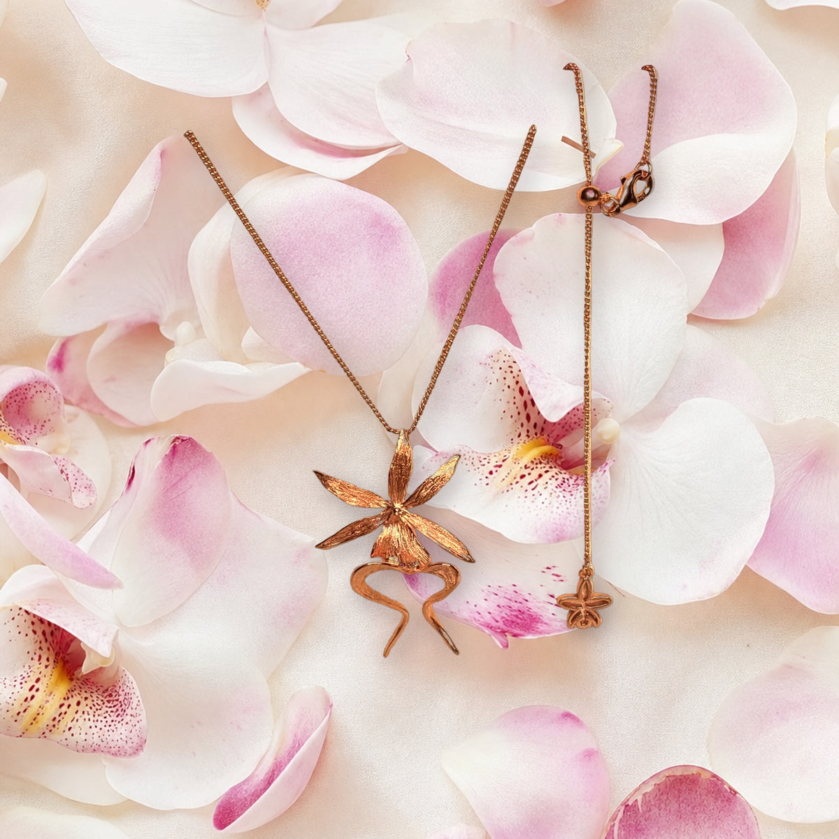 Ghost Orchid Rose Gold Pendant Necklace On Model Close-Up - Orchidique