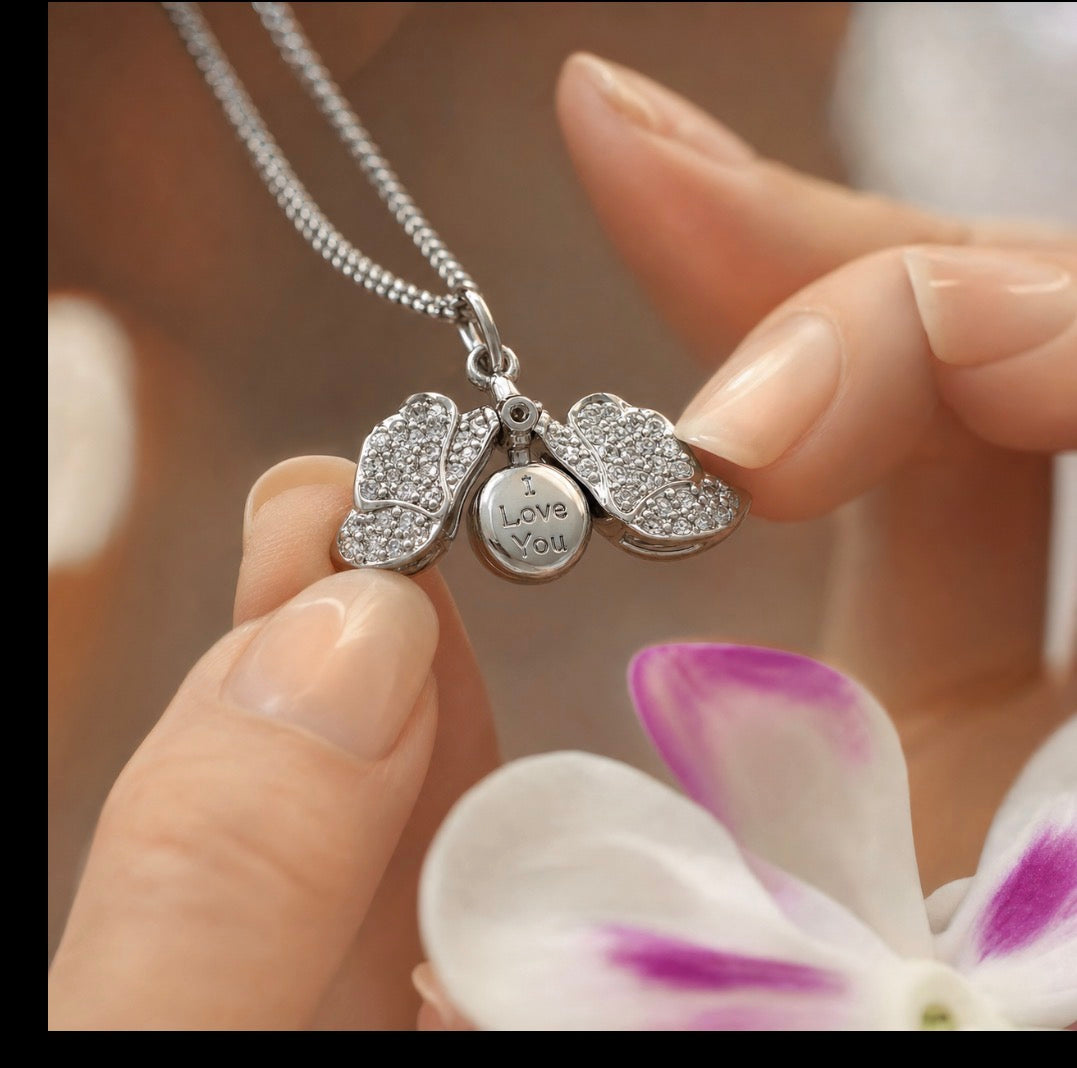 White Gold Dendrobium orchid locket necklace with pave petals and secret message engraving