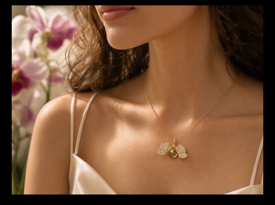 14K Gold Dendrobium orchid locket necklace with pave crystal petals and secret message engraving