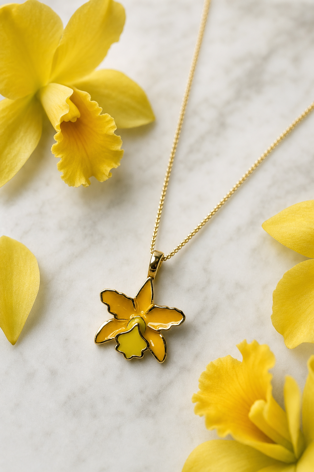 La Colombiana Collection Yellow Cattleya Orchid Necklace on white marble - Orchidique