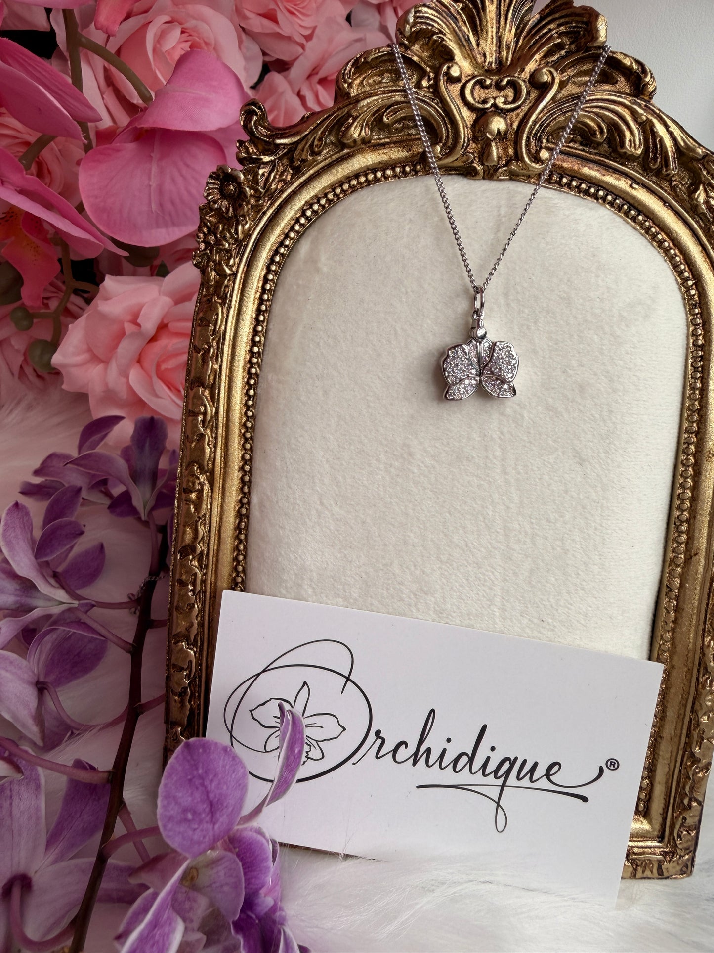 The Locket Collection: Dendrobium Sterling Silver Orchid Locket Pendant Necklace –"I Love You," "Te Amo," or "Je T'aime"– Silver White Gold - Orchidique