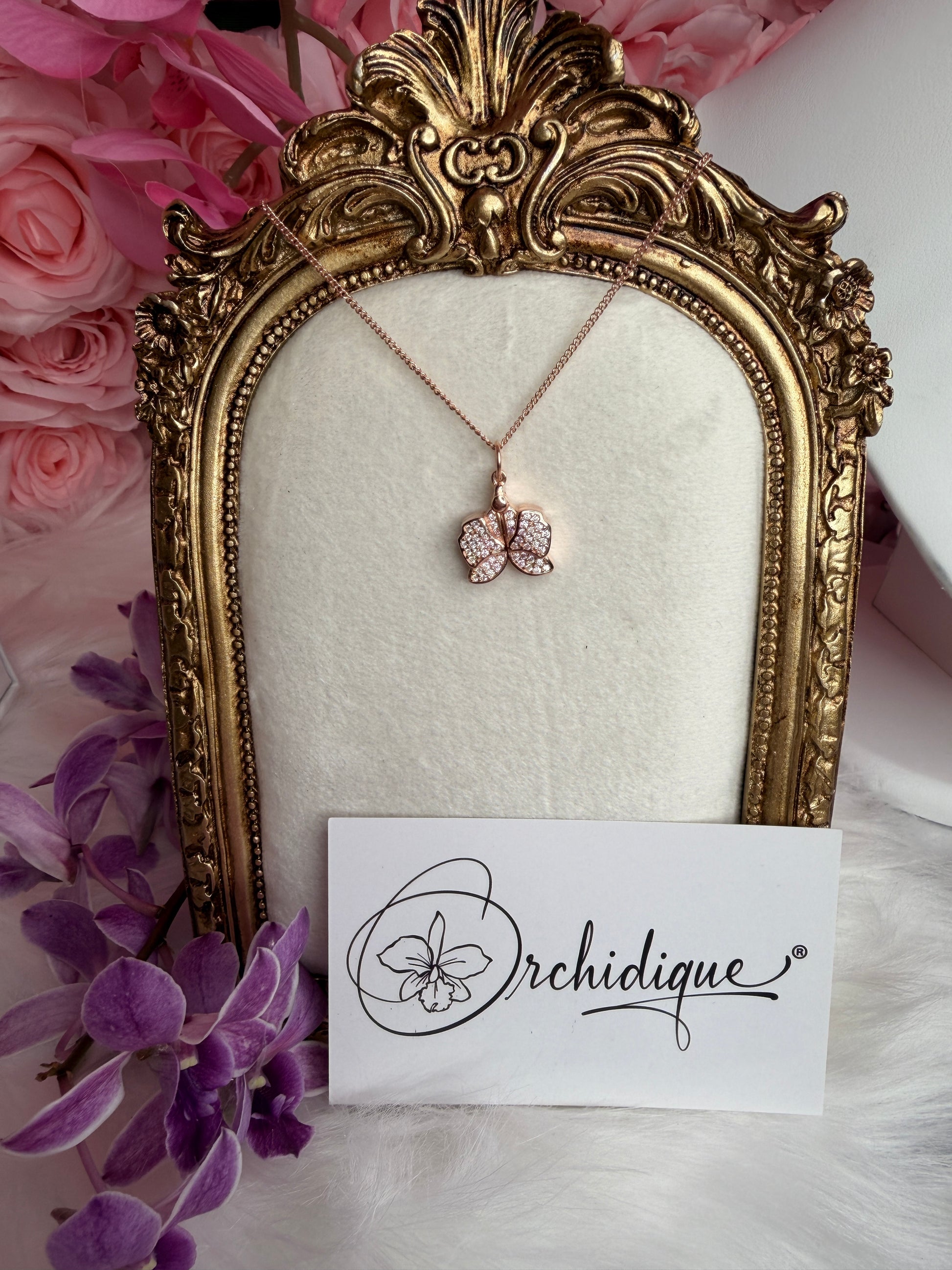 The Locket Collection: Dendrobium Orchid Locket Pendant Necklace –"I Love You," "Te Amo," or "Je T'aime"– Rose Gold - Orchidique