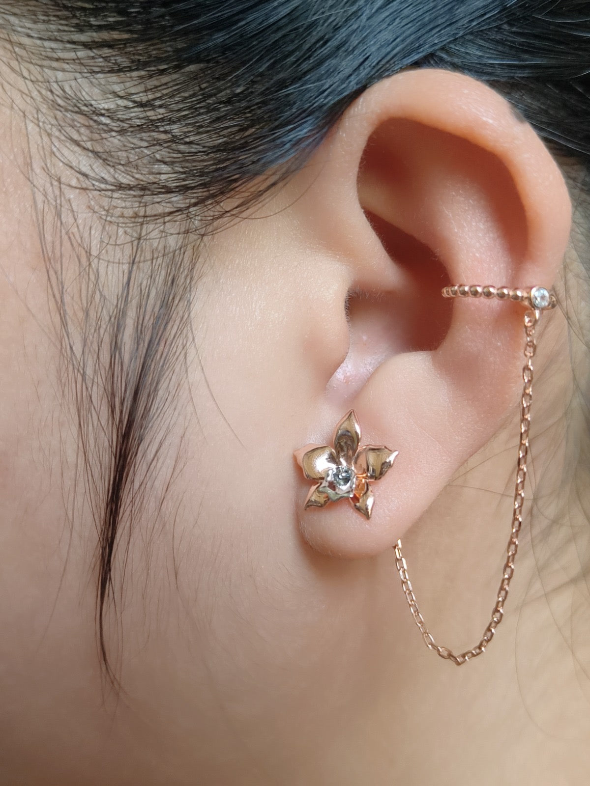 Aloha Aerial Cuff Collection • Orchid Chain Stud • Rhodium Tarnish-Free Orchid Jewelry