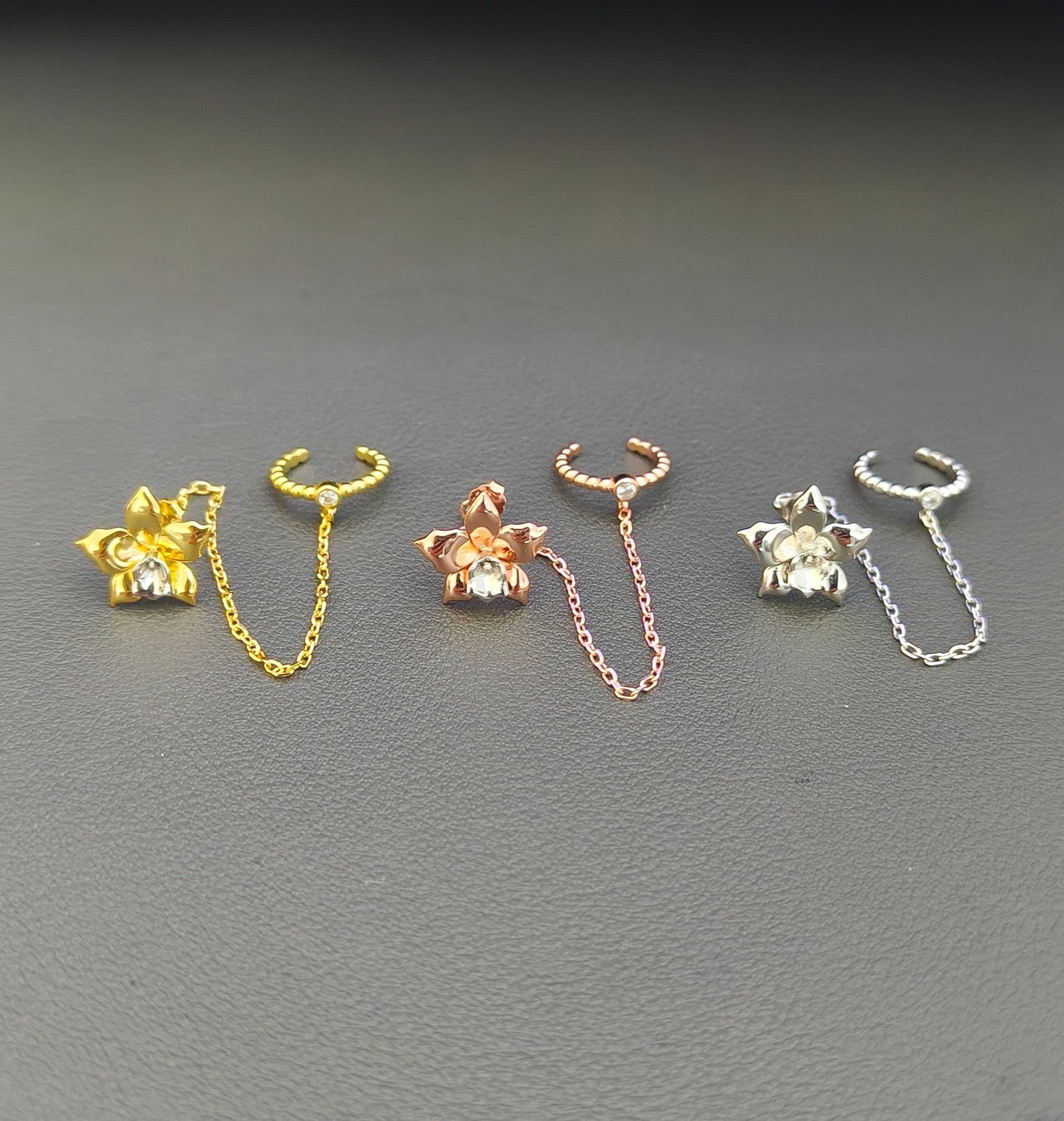 Aloha Aerial Cuff Collection • Orchid Chain Stud • Rhodium Tarnish-Free Orchid Jewelry