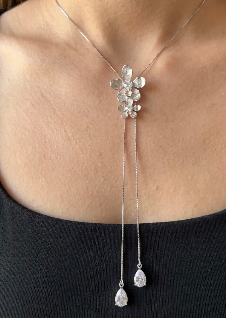 Vanda Loke Lariat Choker • 925 Silver 14K White Gold Plated • Double Orchid Drop with Rose Gold Labellum • Heart Crystal Center • Statement Orchid Necklace
