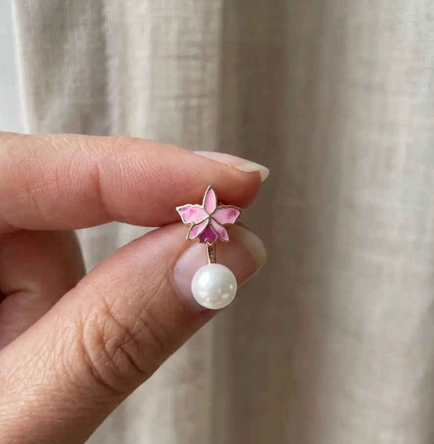 Signature Orchid Stud Earrings • Cattleya Trianae • Pink Pearl Jacket • Rose Gold - Orchidique