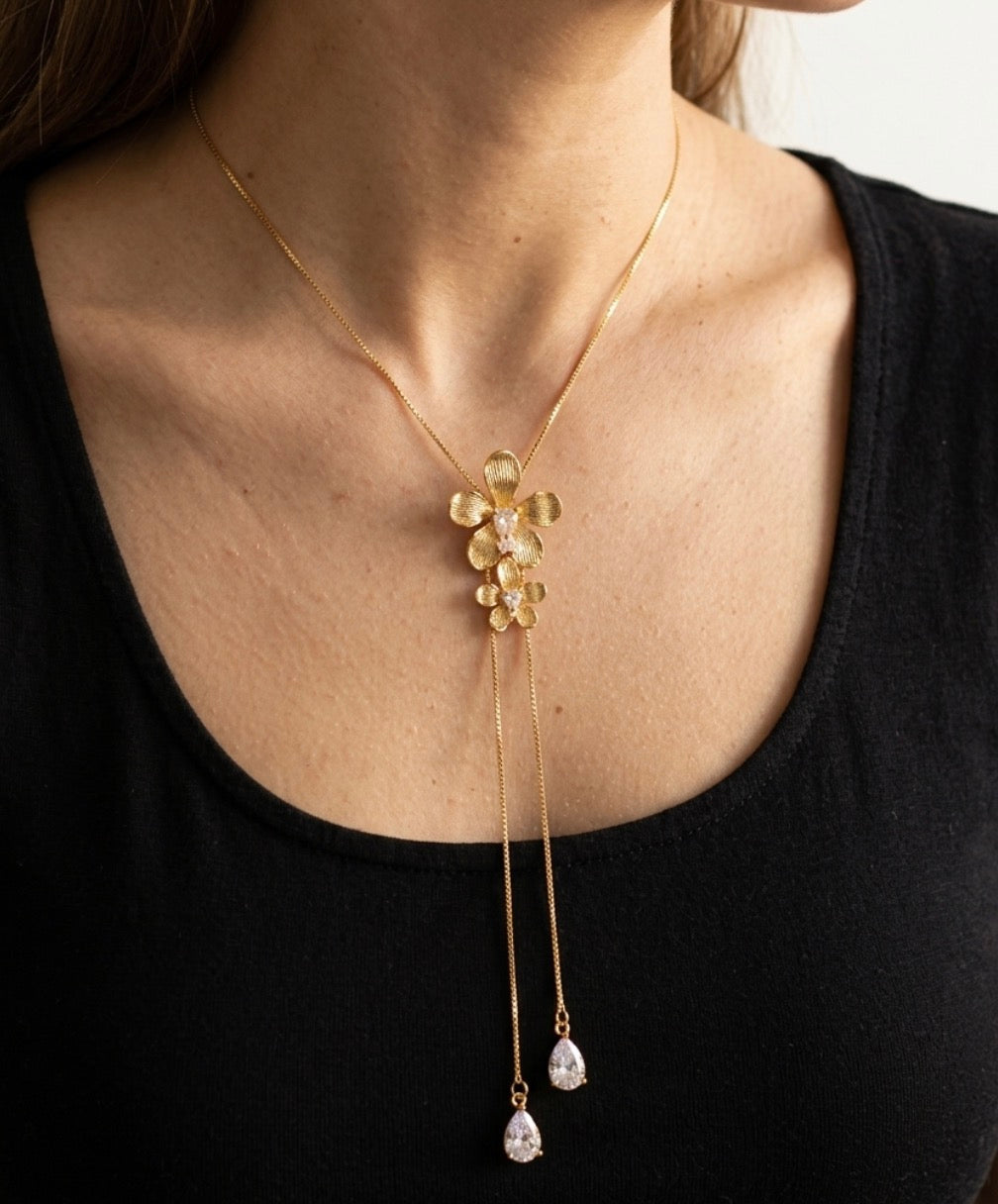 Vanda Loke Lariat Choker • 925 Silver 14K Gold Plated • Double Orchid Drop with Rose Gold Labellum • Heart Crystal Center • Statement Orchid Necklace