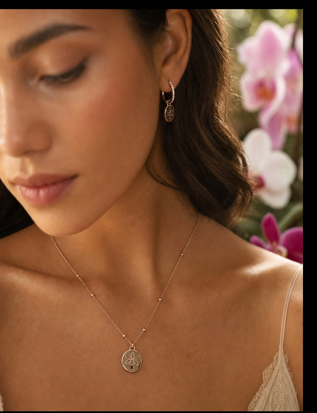 Harmony 18k Rose Gold Cattleya orchid necklace and hoop earrings set