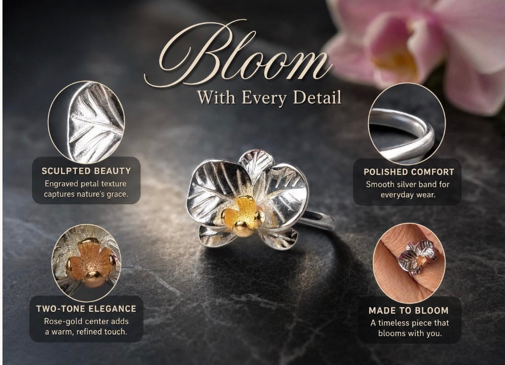 phalaenopsis orchid drop earrings, gold plated sterling silver, feature graphic with detail callouts – Orchidique