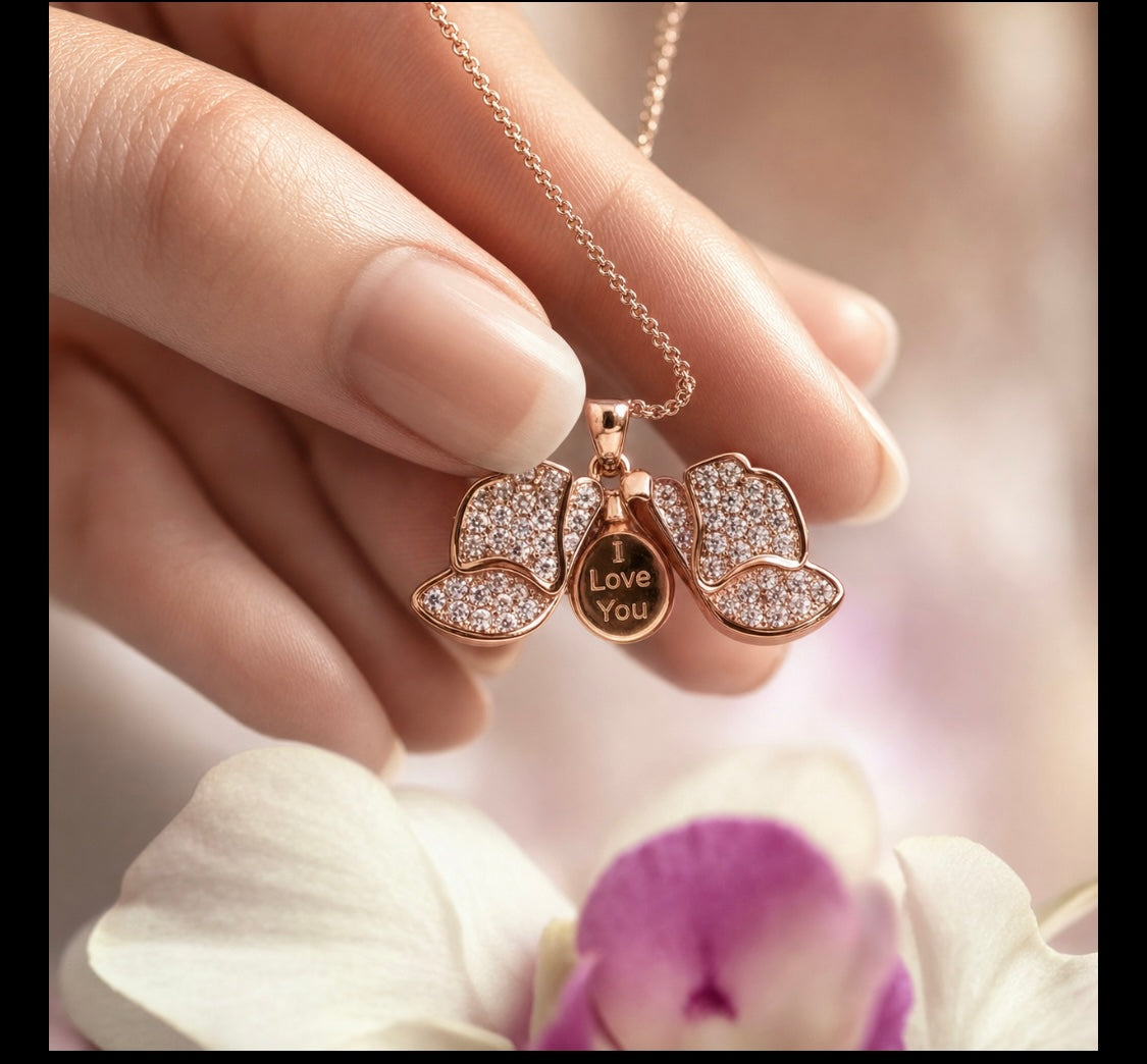 14K Rose Gold Dendrobium orchid locket necklace with pave crystal petals and secret message engraving