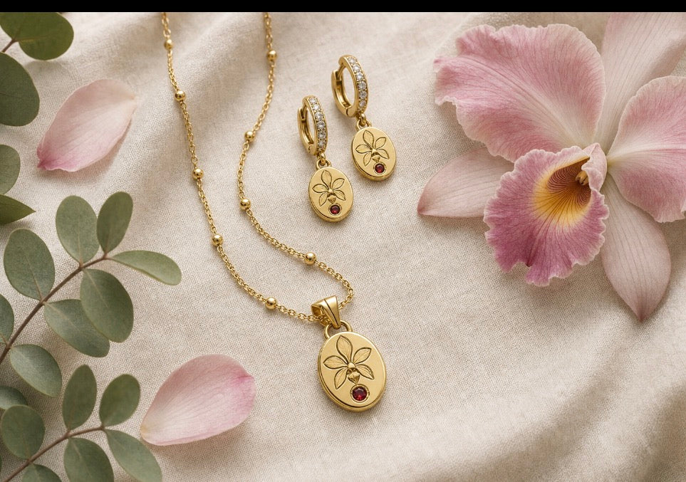 Harmony 14k Gold Cattleya orchid necklace and hoop earrings set