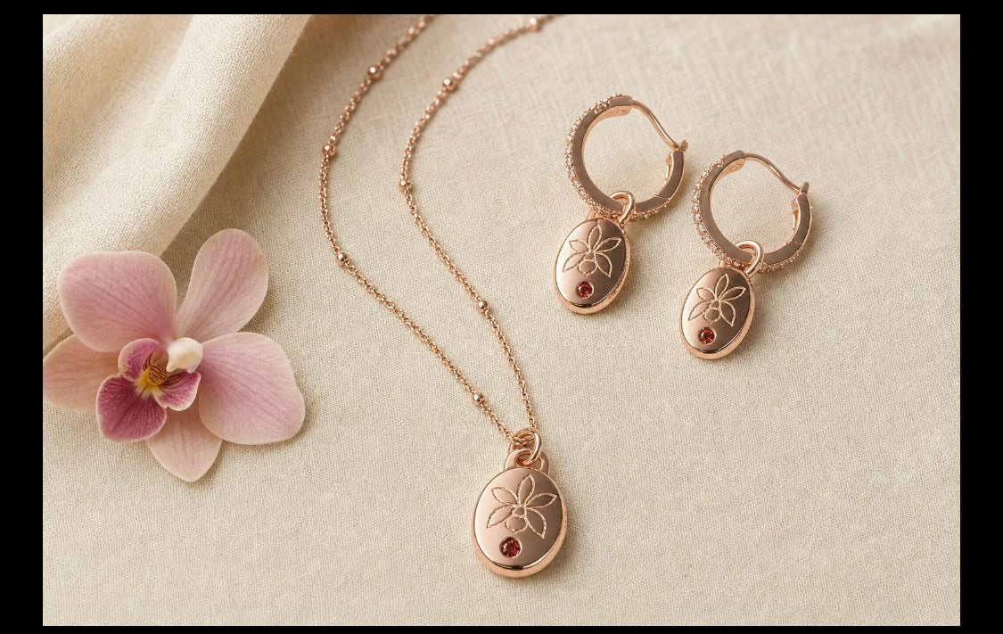 Harmony 18k Rose Gold Cattleya orchid necklace and hoop earrings set
