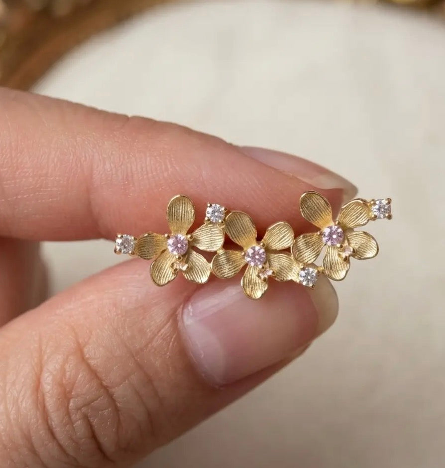 Vanda Loke Ear Climbers held in hand for scale • close-up of gold orchid flowers with pink and clear crystal centers
