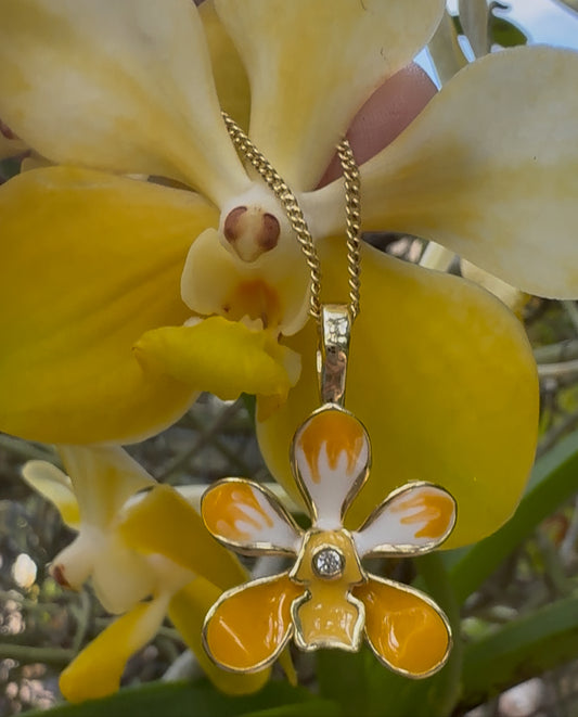 vanda orchid pendant necklace, yellow splash enamel, 14K gold plated sterling silver – Orchidique