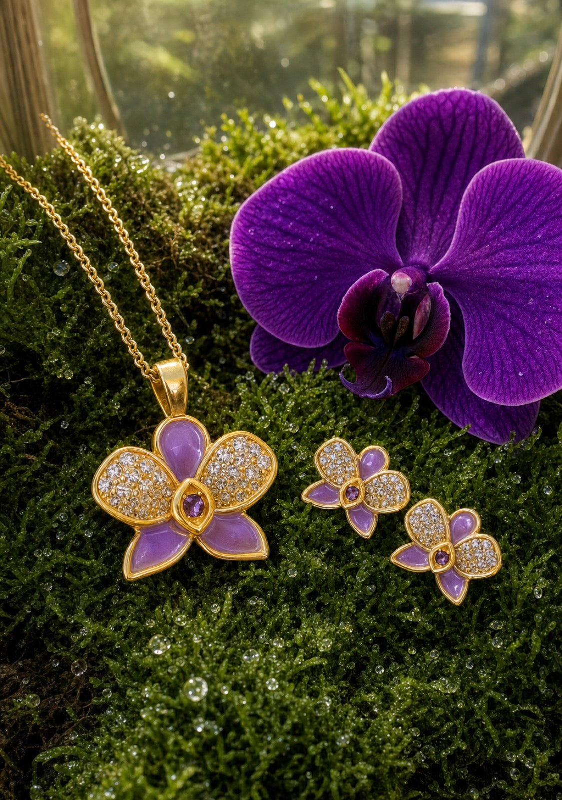 Purple Phalaenopsis Orchid Earrings Pendant and Ring Set • Gold Plated Zircon Botanical Jewelry