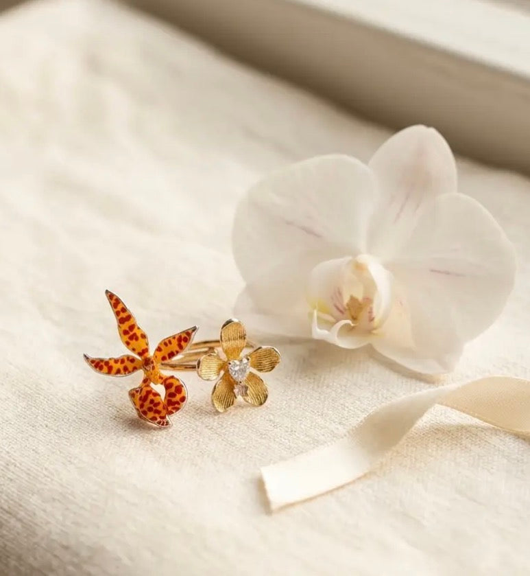 Vanda Loke Orchid Ring • 925 Silver • 14K Yellow Gold • Rose Gold Labellum • Adjustable - Orchidique
