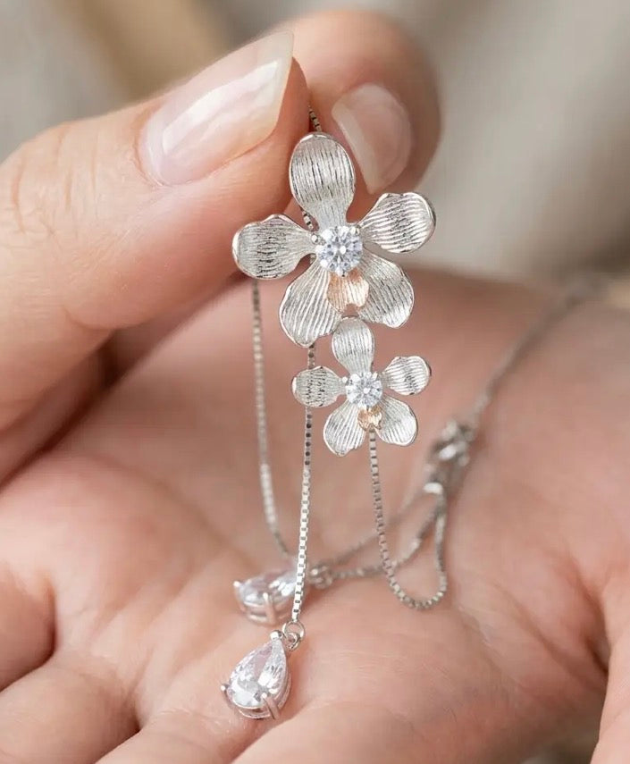 Vanda Loke Lariat Choker • 925 Silver 14K White Gold Plated • Double Orchid Drop with Rose Gold Labellum • Heart Crystal Center • Statement Orchid Necklace