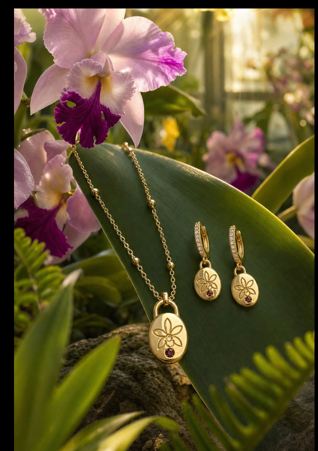 Harmony 14k Gold Cattleya orchid necklace and hoop earrings set
