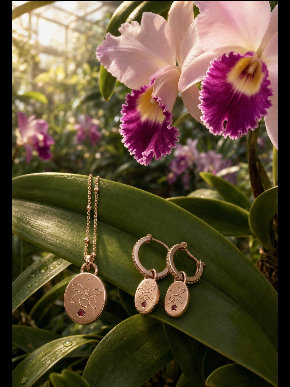Harmony 18k Rose Gold Cattleya orchid necklace and hoop earrings set