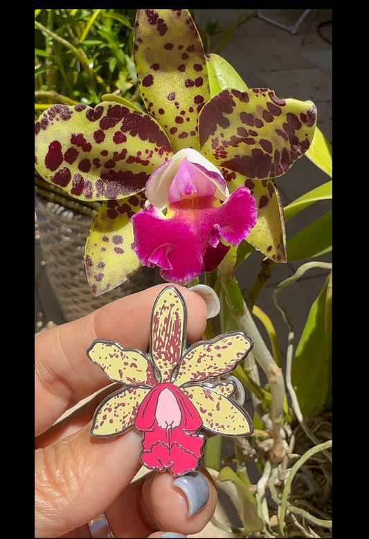 Cattleya loddigesii- inspired Orchid Flower Enamel Pin • Lime Spotted Floral Pin Collector Item