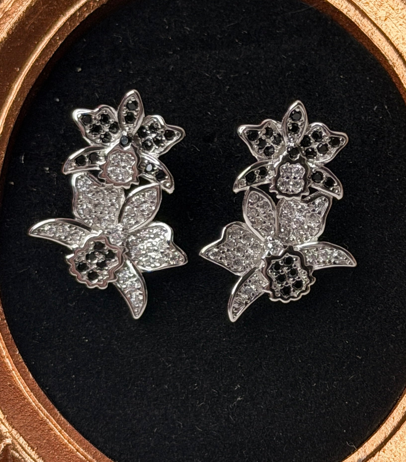 Shimmer Me Cattleya Soulmates Earrings, Black and White Zircons - Orchidique