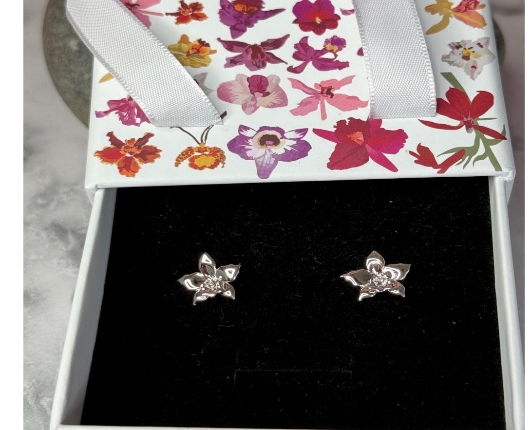 Aloha White Gold Plated Orchid Earrings