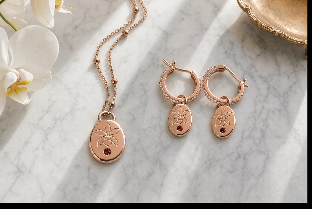 Harmony 18k Rose Gold Cattleya orchid necklace and hoop earrings set