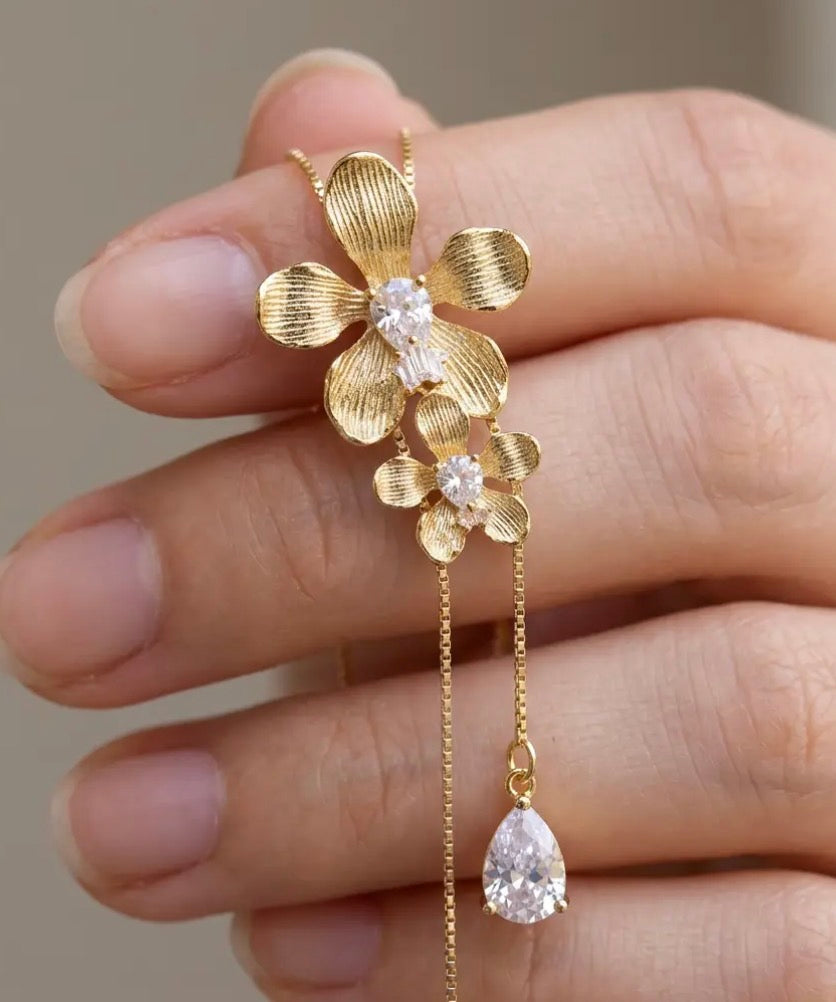 Vanda Loke Lariat Choker • 925 Silver 14K Gold Plated • Double Orchid Drop with Rose Gold Labellum • Heart Crystal Center • Statement Orchid Necklace