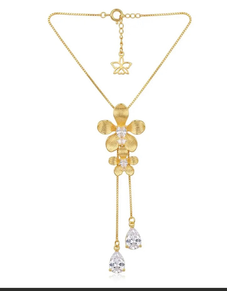 Vanda Loke Lariat Choker • 925 Silver 14K Gold Plated • Double Orchid Drop with Rose Gold Labellum • Heart Crystal Center • Statement Orchid Necklace