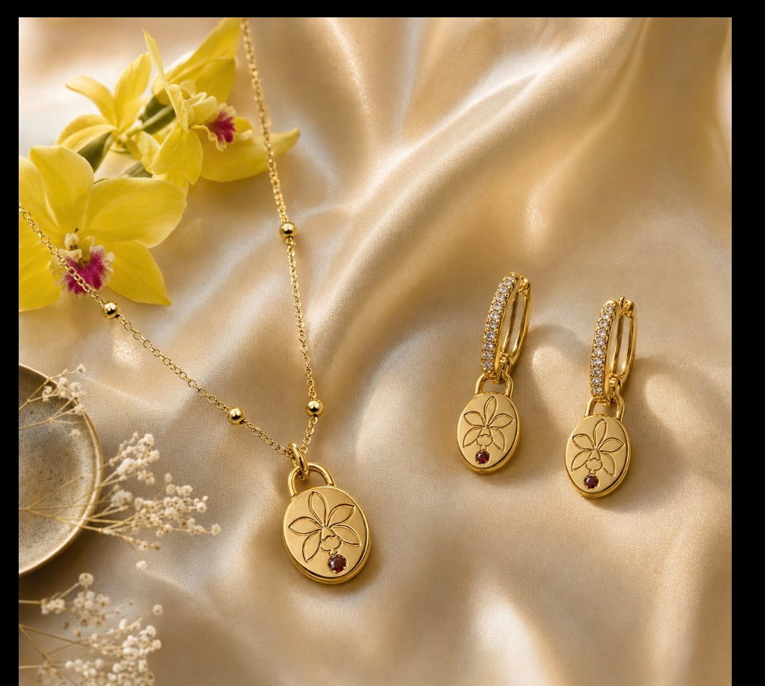 Harmony 14k Gold Cattleya orchid necklace and hoop earrings set