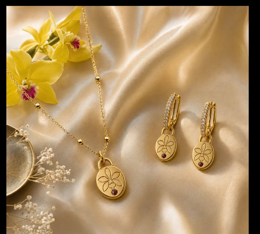 Harmony 14k Gold Cattleya orchid necklace and hoop earrings set