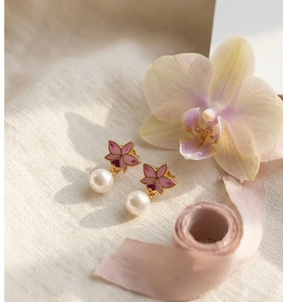 Signature Orchid Stud Earrings • Cattleya Trianae • Pink Pearl Jacket • Rose Gold - Orchidique