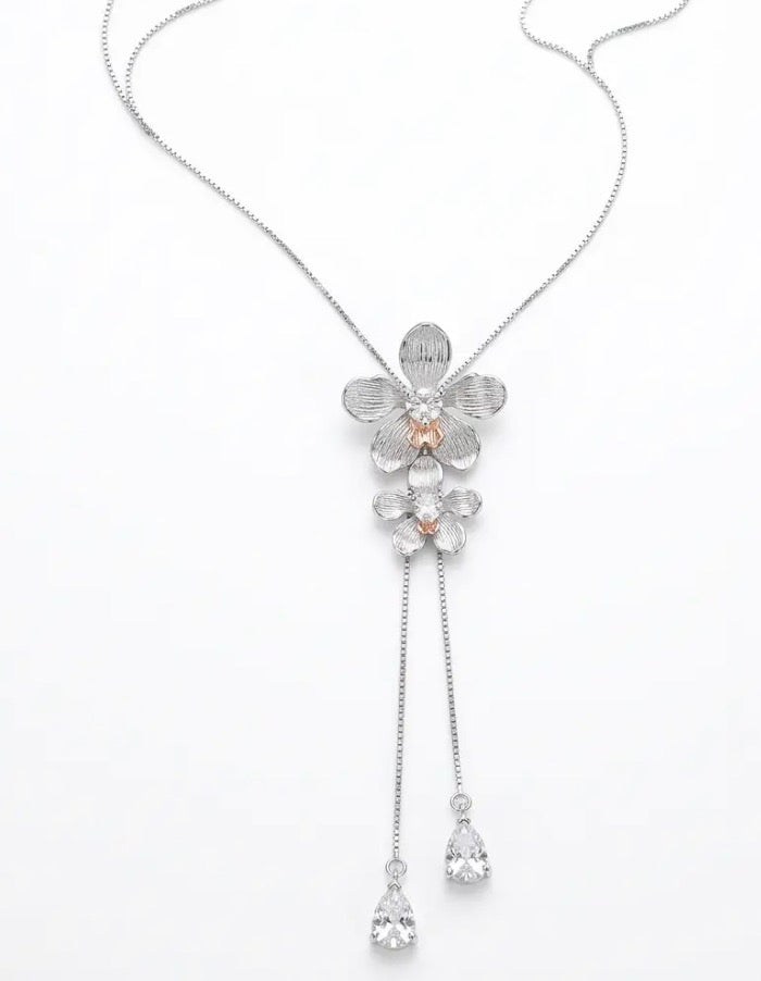 Vanda Loke Lariat Choker • 925 Silver 14K White Gold Plated • Double Orchid Drop with Rose Gold Labellum • Heart Crystal Center • Statement Orchid Necklace