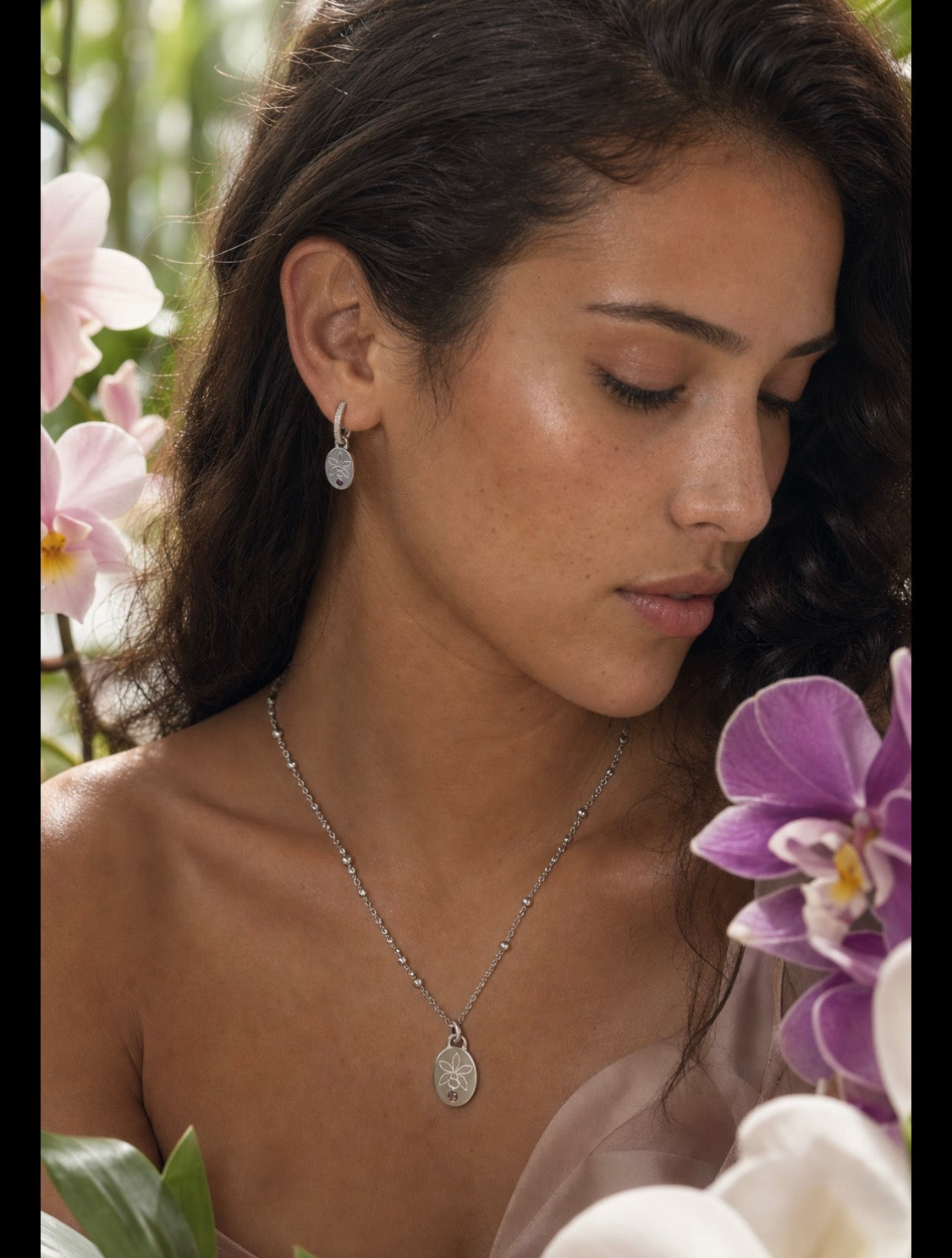 Harmony White Gold Cattleya orchid necklace and hoop earrings set