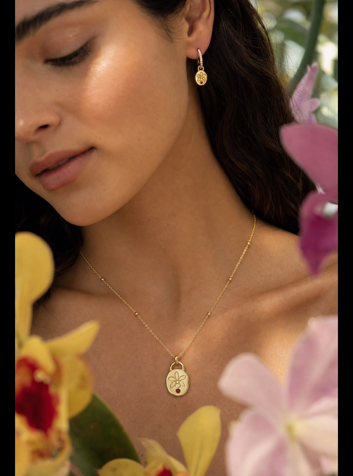Harmony 14k Gold Cattleya orchid necklace and hoop earrings set