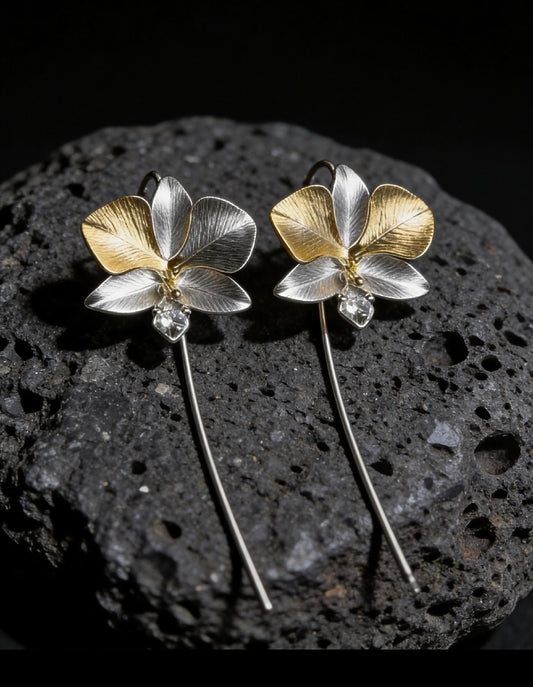 Drama Queen Phalaenopsis Orchid Earrings • Silver & Gold Hoops