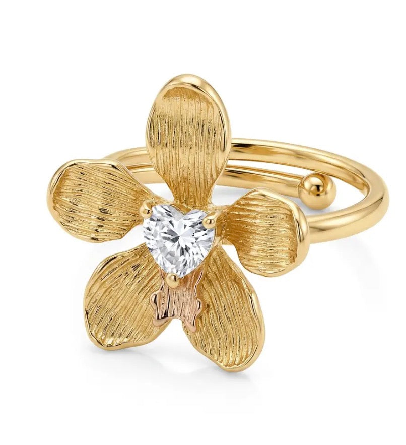 Vanda Loke Orchid Ring • 925 Silver • 14K Yellow Gold • Rose Gold Labellum • Adjustable - Orchidique