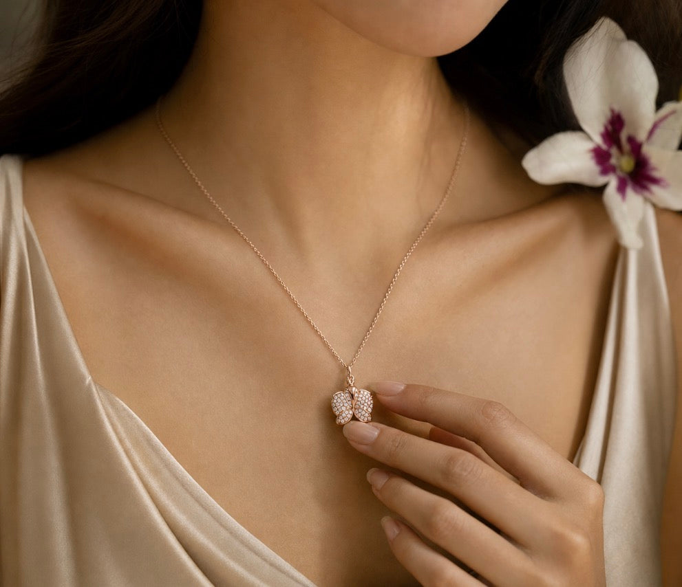14K Rose Gold Dendrobium orchid locket necklace with pave crystal petals and secret message engraving