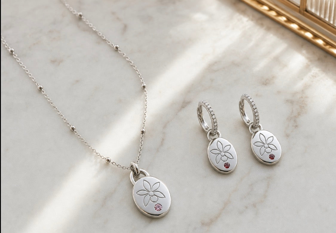 Harmony White Gold Cattleya orchid necklace and hoop earrings set
