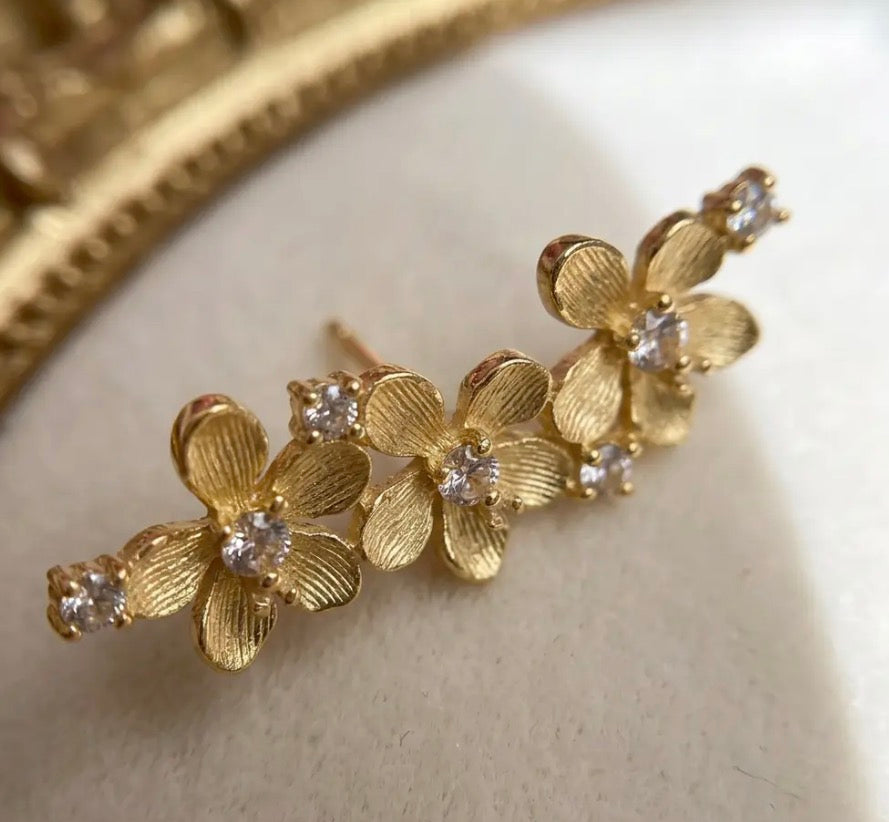 Vanda Loke Ear Climbers macro detail • 14K gold plated orchid petals with clear crystal accents