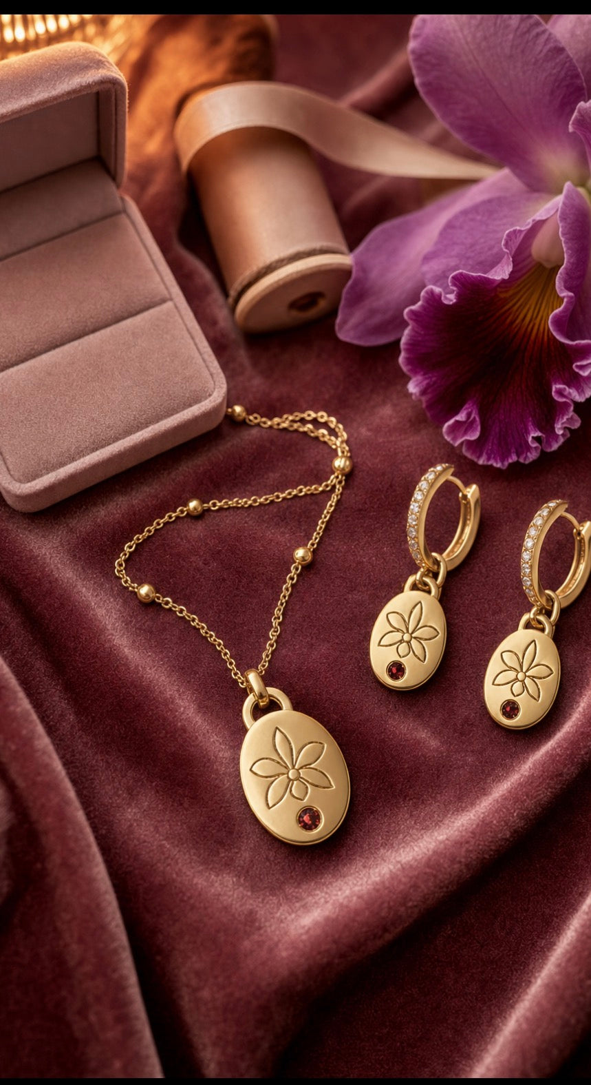 Harmony 14k Gold Cattleya orchid necklace and hoop earrings set