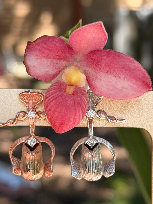 Slipper Orchid Silver Earrings Studs: Divergent Duos Collection