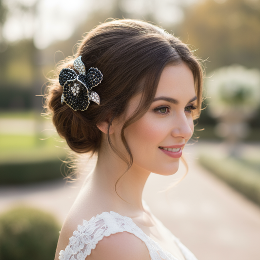 Orchid Hair Clip with Rhinestones Black