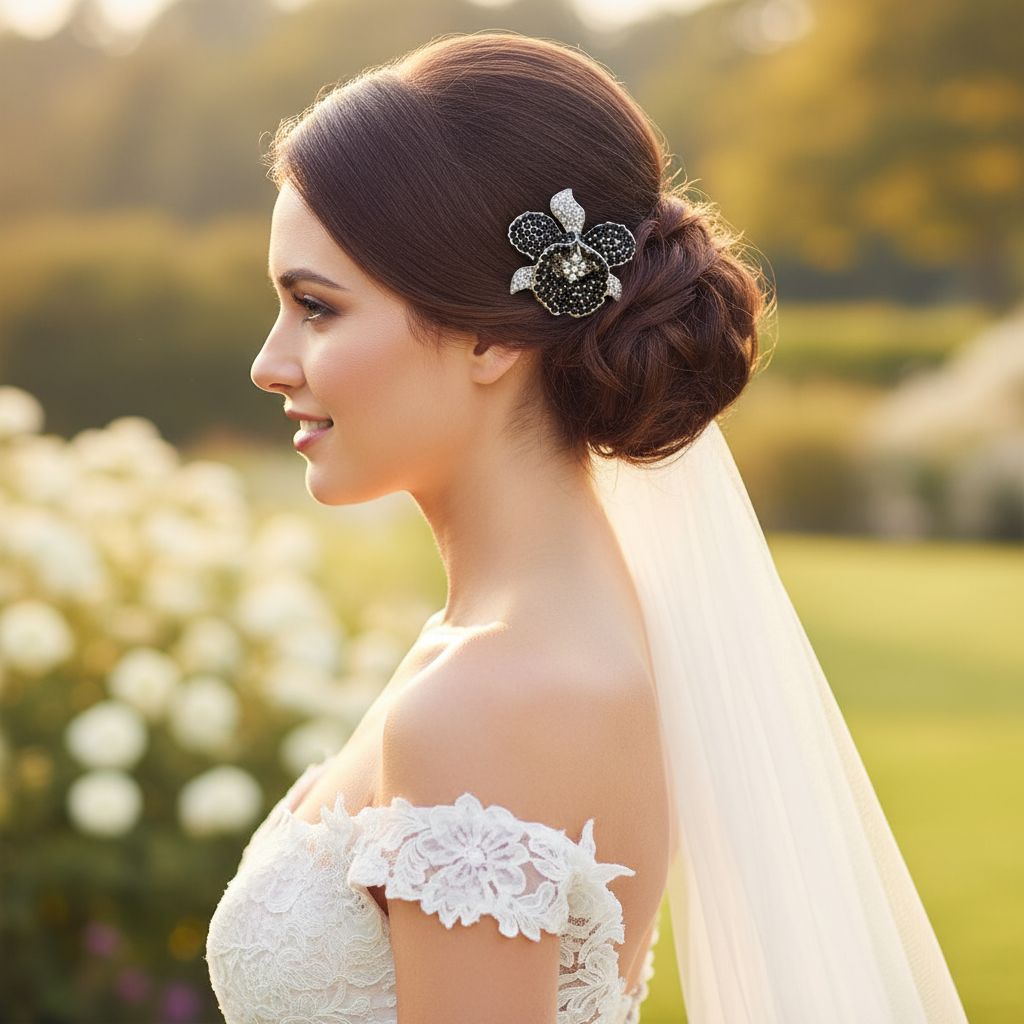 Orchid Hair Clip with Rhinestones Black