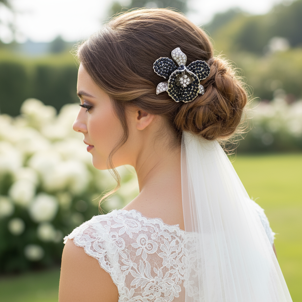 Orchid Hair Clip with Rhinestones Black