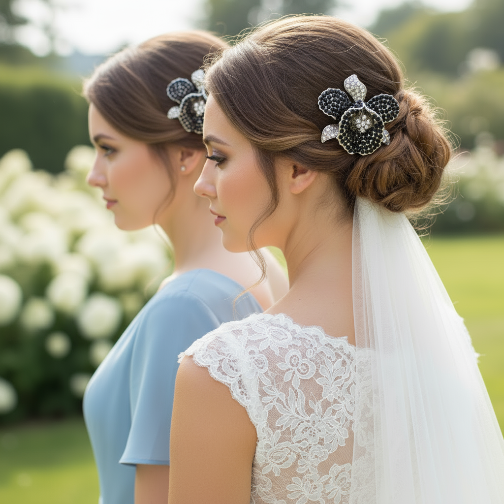 Orchid Hair Clip with Rhinestones Black