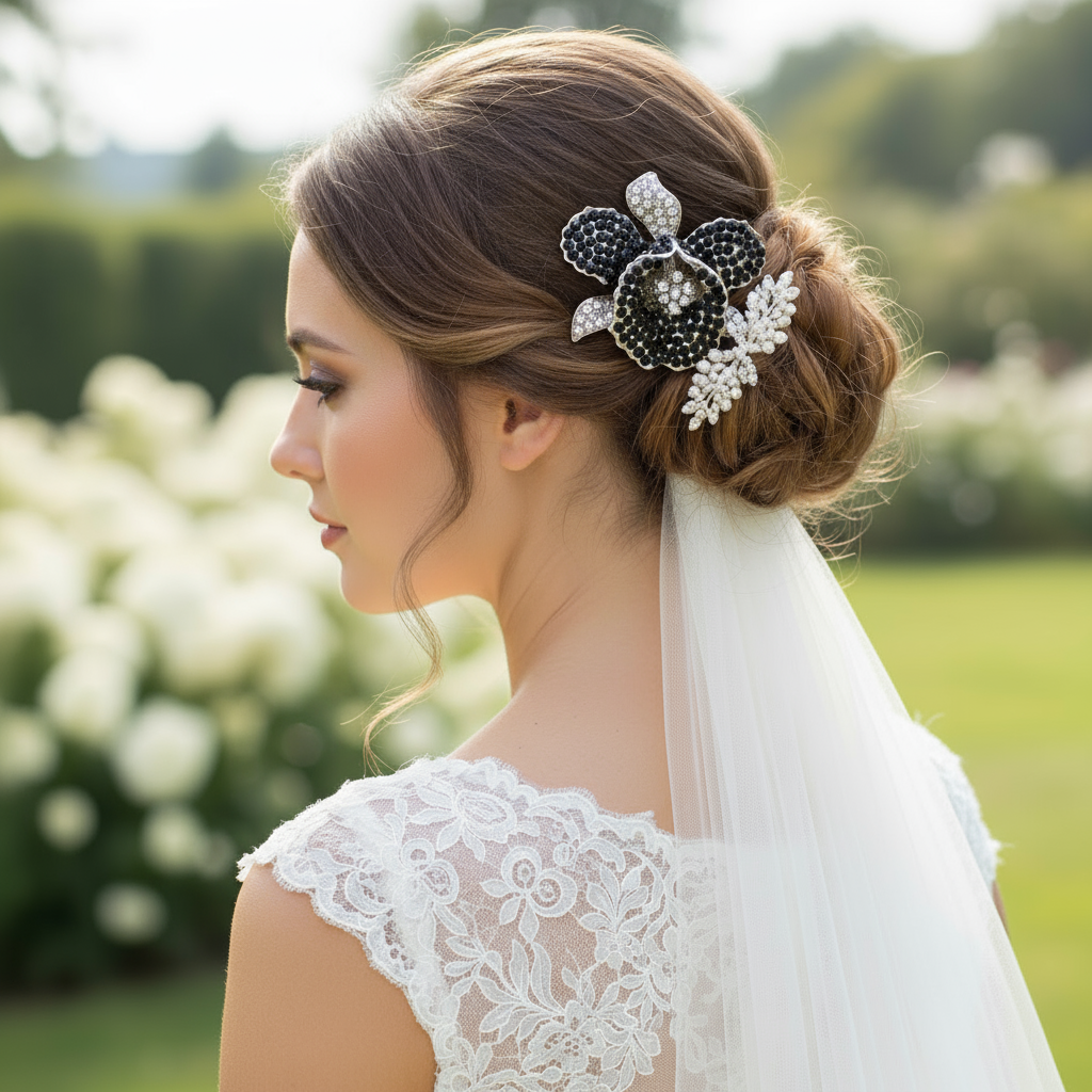 Orchid Hair Clip with Rhinestones Black