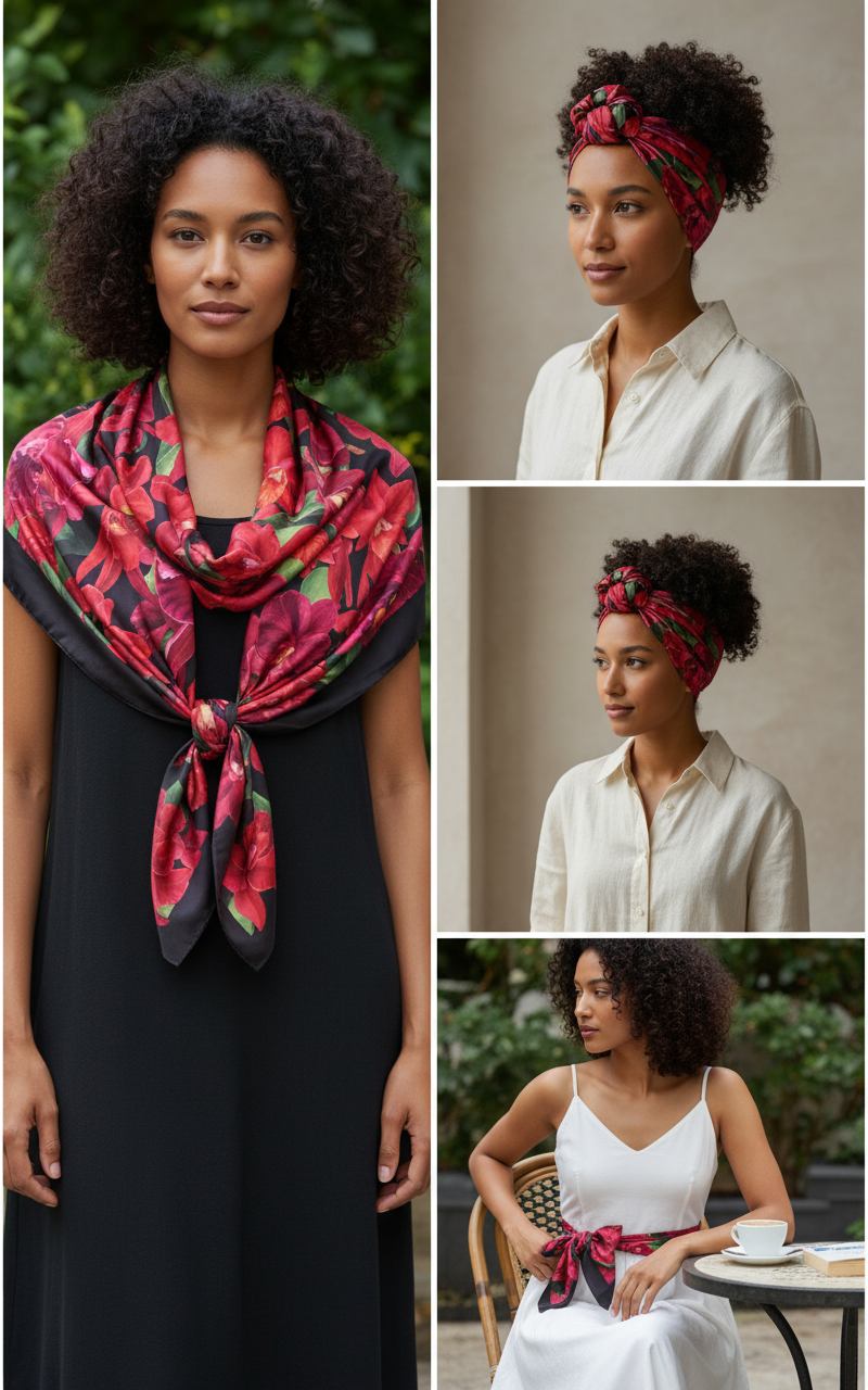 Orchidique Red- Black Orchid Blooms Scarf