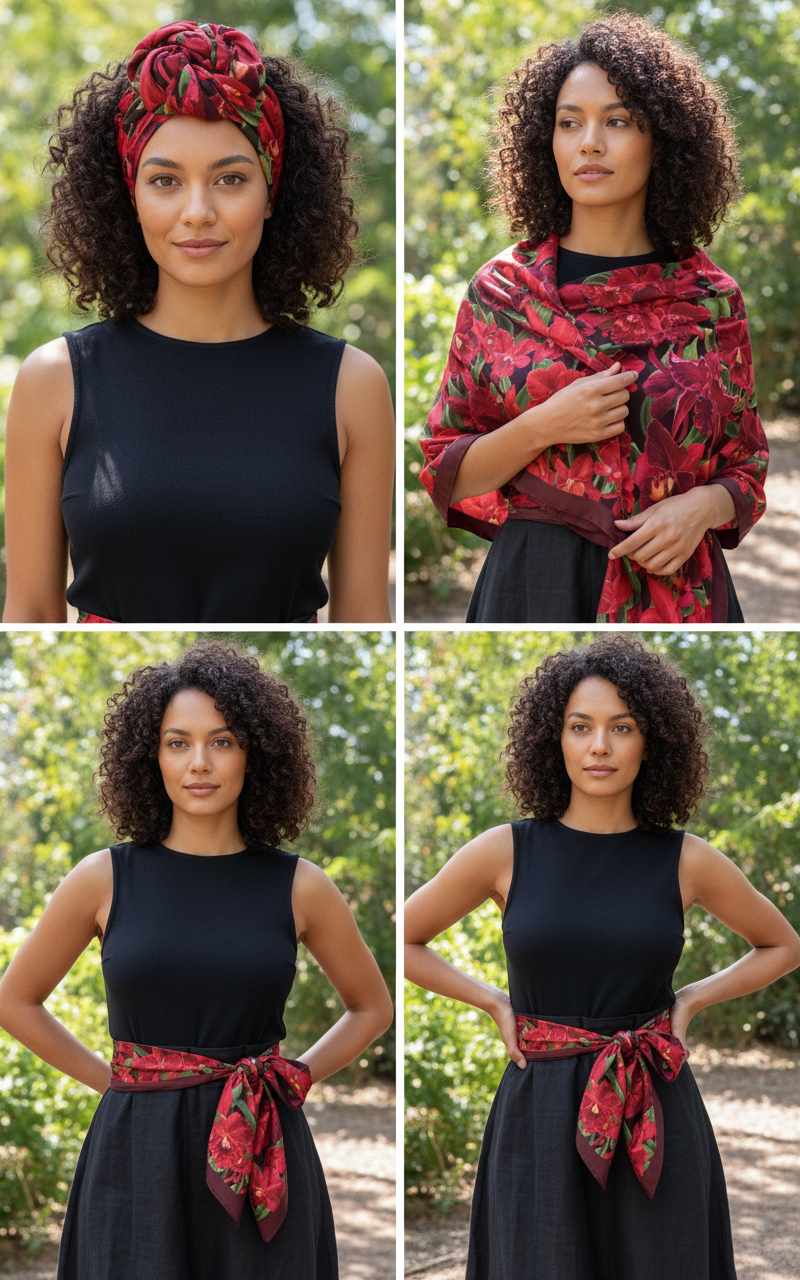 Orchidique Red- Black Orchid Blooms Scarf